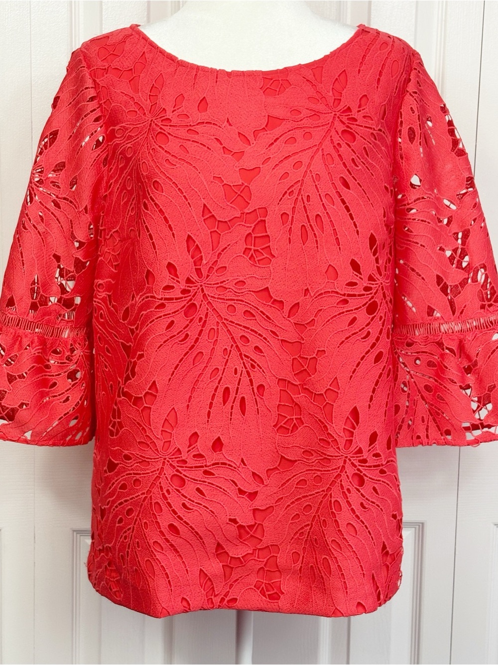 RSVP by Talbots Coral Lace Overlay Sheer 3/4 Bell Sleeve Blouse Top Large